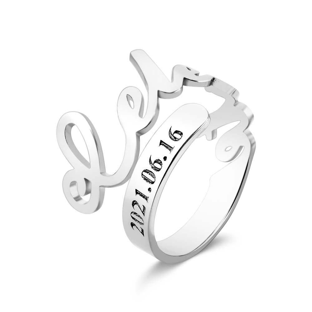 Minimalist Spiral Engraved Name Adjustable Open Ring Personalized Text Commemorative Ring