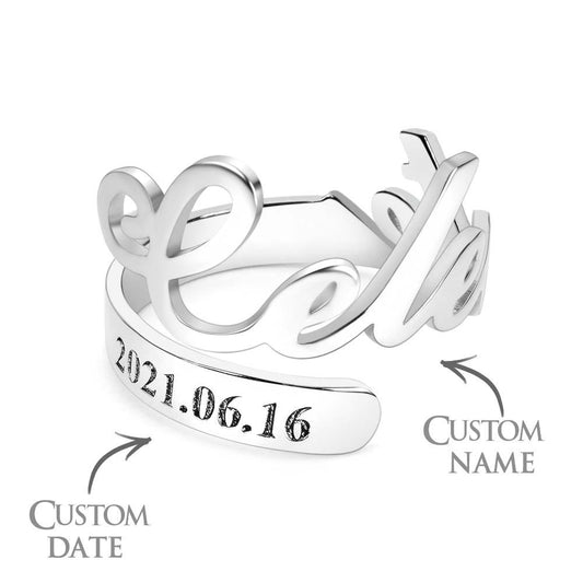 Minimalist Spiral Engraved Name Adjustable Open Ring Personalized Text Commemorative Ring