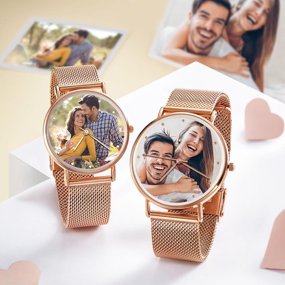 Unisex Engraved Rose Gold Alloy Bracelet Photo Watch 40mm