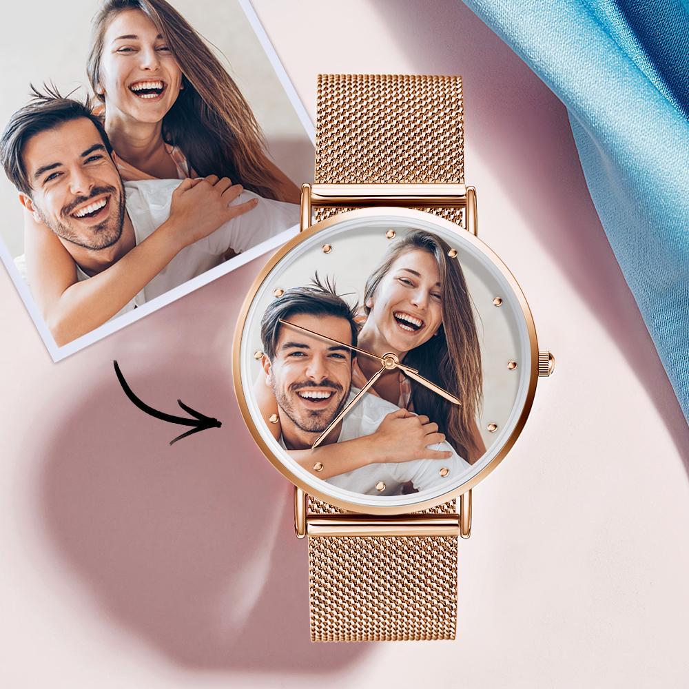 Unisex Engraved Rose Gold Alloy Bracelet Photo Watch 40mm