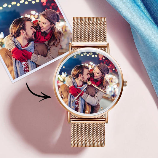 Engraved Rose Gold Alloy Bracelet Photo Watch 36mm for Her/Girlfriend