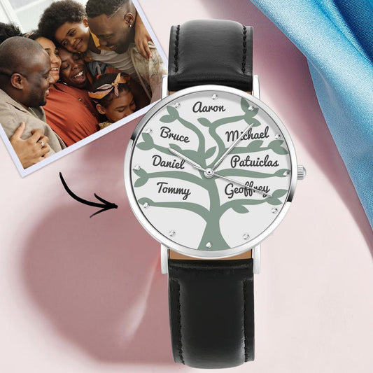 Custom Name Watch Black Leather Strap 40mm for Family (1-9 Names)