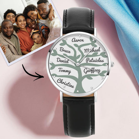 Custom Name Watch Black Leather Strap 40mm  Best Friends Gifts (1-9 Names)