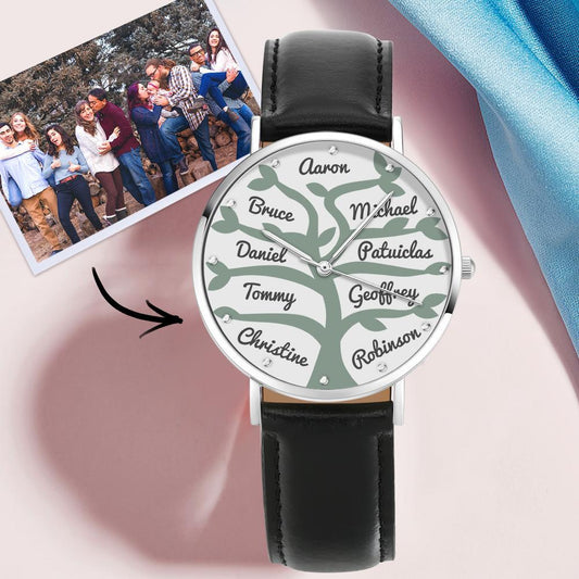 Custom Name Watch Black Leather Strap 40mm for Big Family Gifts (1-9 Names)