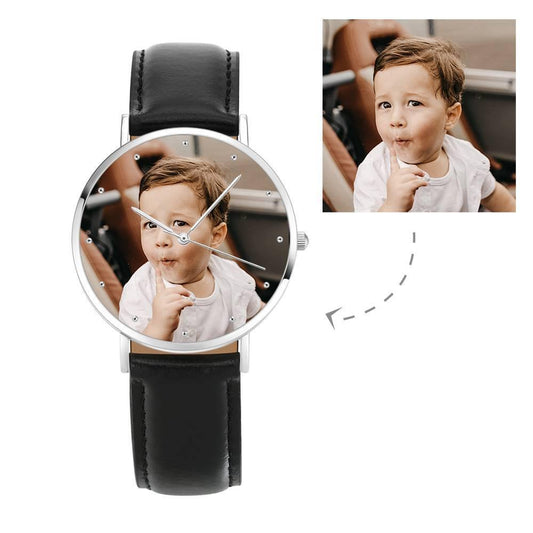 Engraved Photo Watch, Keepsake Gift Black Leather Strap 40mm - Unisex