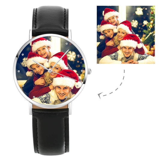 Unisex Engraved Photo Watch Black Leather Strap 40mm