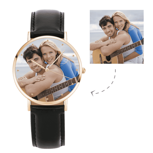 Women's Engraved Rose Goldtone Photo Watch Red Leather Strap 40mm