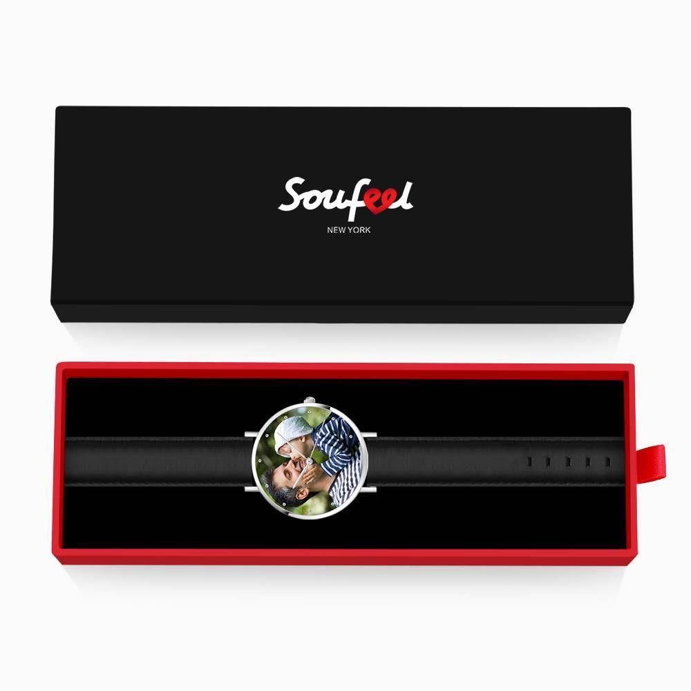 Personalized Engraved Watch, Photo Watch with Black Leather Strap 40mm