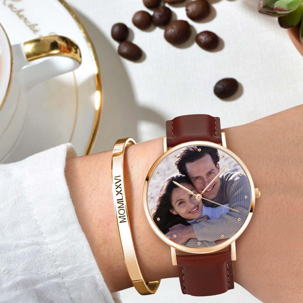 Unisex Engraved Rose Goldtone Photo Watch Brown Leather Strap 40mm