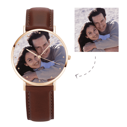 Unisex Engraved Rose Goldtone Photo Watch Black Leather Strap 40mm