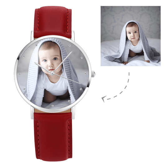 Unisex Engraved Photo Watch Brown Leather Strap 40mm