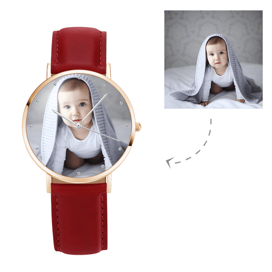 Women's Engraved Rose Goldtone Photo Watch Pink Leather Strap 36mm