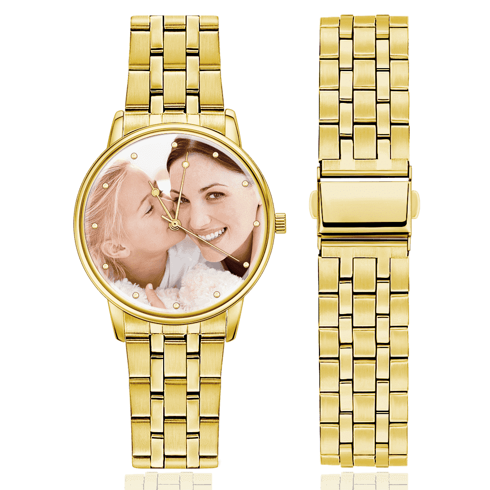 Unisex Engraved Gold Alloy Bracelet Photo Watch 40mm