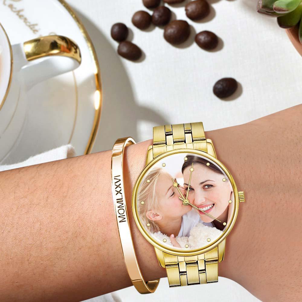 Unisex Engraved Gold Alloy Bracelet Photo Watch 40mm