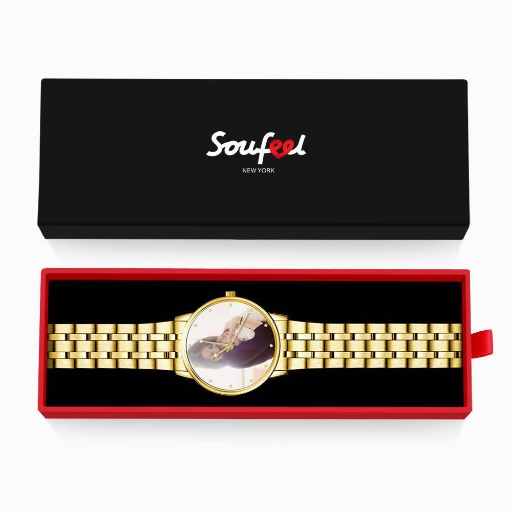 Unisex Engraved Gold Alloy Bracelet Photo Watch 40mm