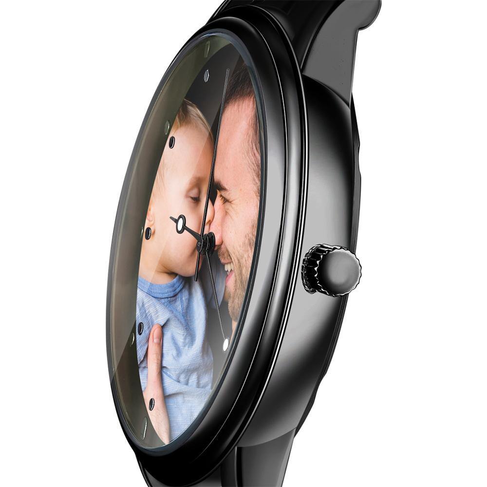 Engraved Men's Black Alloy Bracelet Photo Watch 38mm Christmas Gift