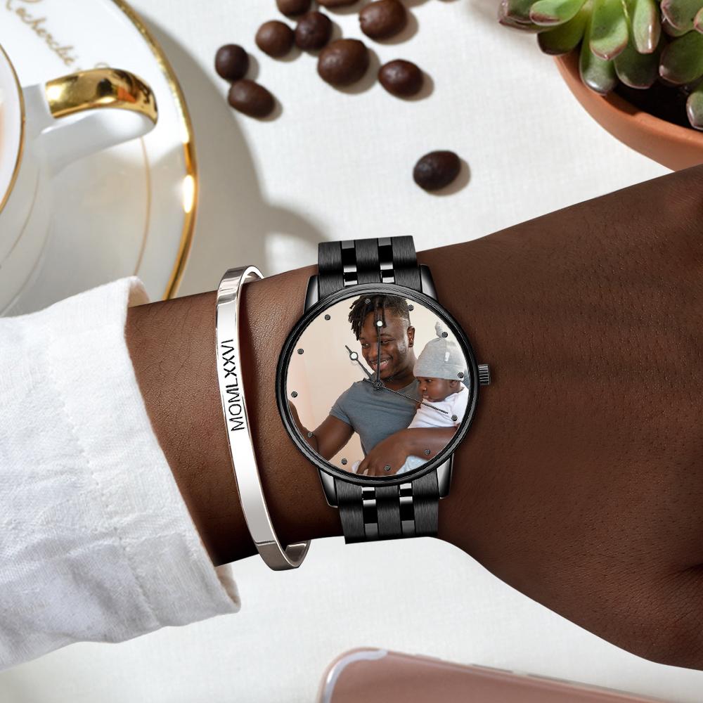 Engraved Men's Black Alloy Bracelet Photo Watch 38mm