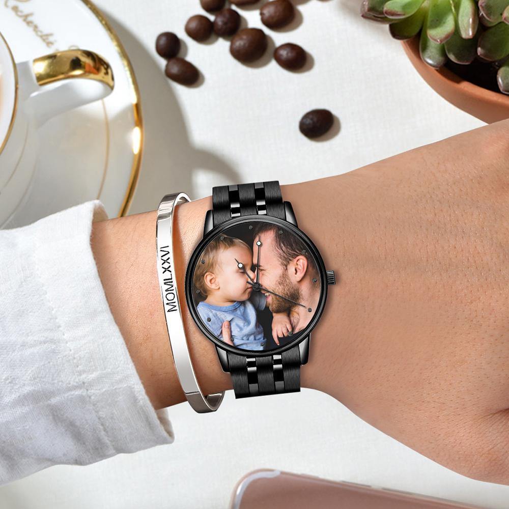 Engraved Men's Black Alloy Bracelet Photo Watch 38mm Christmas Gift