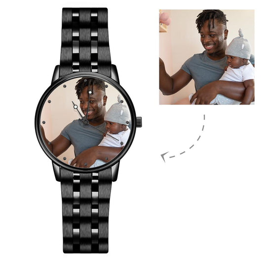 Engraved Men's Black Alloy Bracelet Photo Watch 38mm