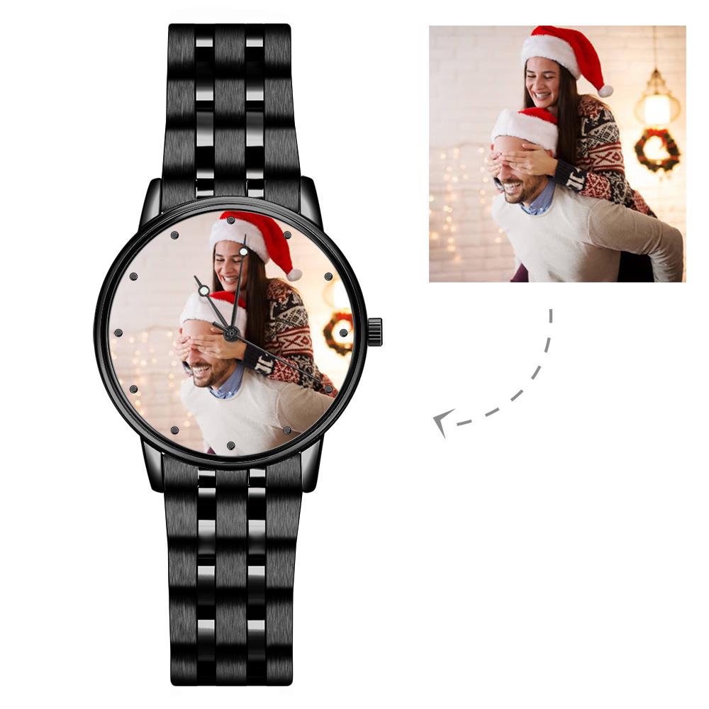 Engraved Men's Black Alloy Bracelet Photo Watch 38mm Christmas Gift
