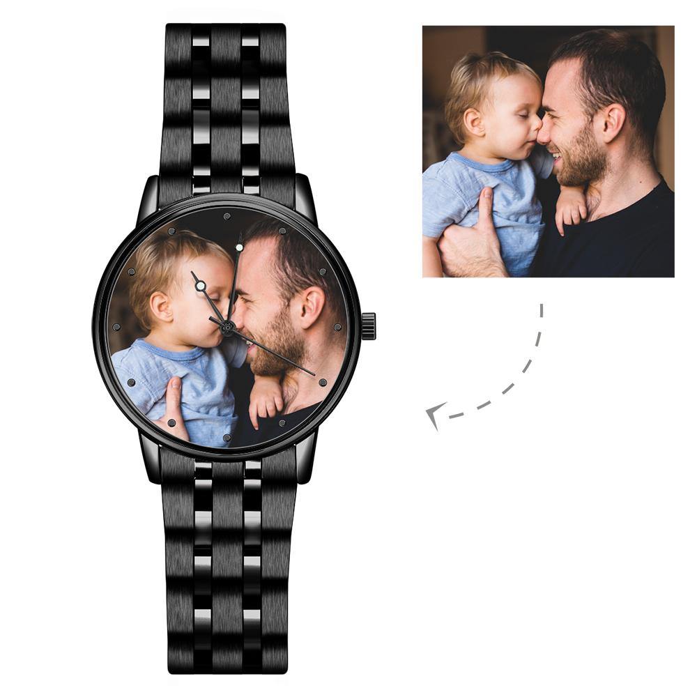 Engraved Men's Black Alloy Bracelet Photo Watch 38mm Christmas Gift