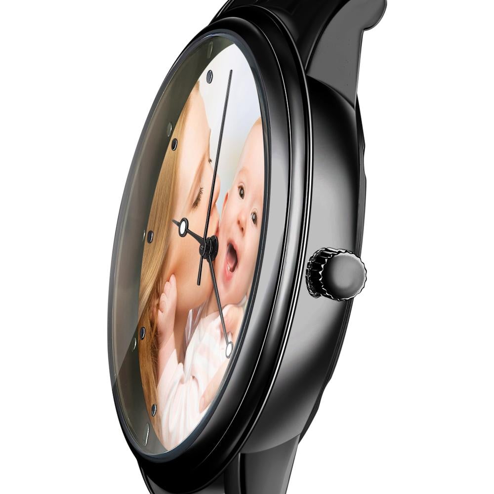 Mens Engraved Photo Watch Black Alloy Strap