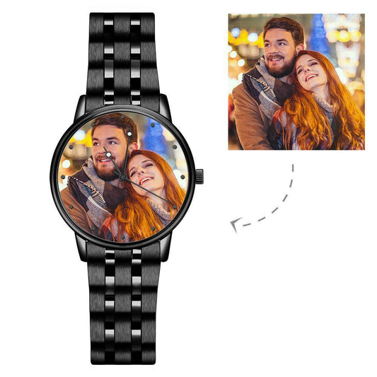 Engraved Men's Black Alloy Bracelet Photo Watch 38mm for Dad/Boyfriend