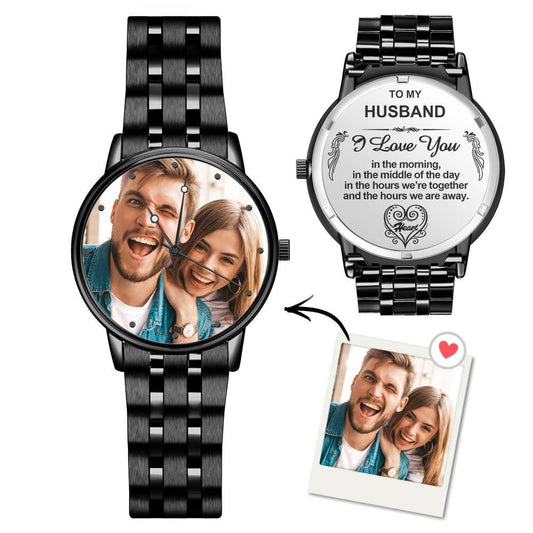 Engraved Men's Black Alloy Bracelet Photo Watch 38mm To My Husband I Love You Gifts for Him
