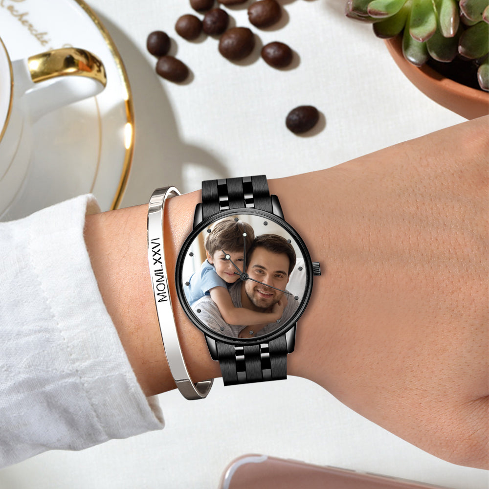 Custom Photo Watch Men's Black Alloy Bracelet Holding Hands Engraved Name Watch Father's Day Gift For Dad