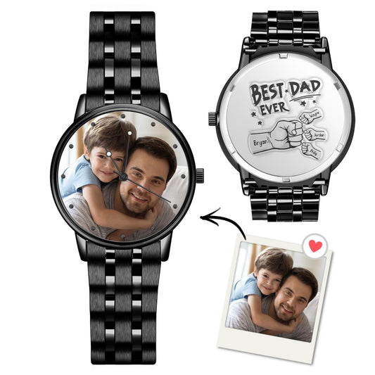 Custom Photo Watch Men's Black Alloy Bracelet Holding Hands Engraved Name Watch Father's Day Gift For Dad