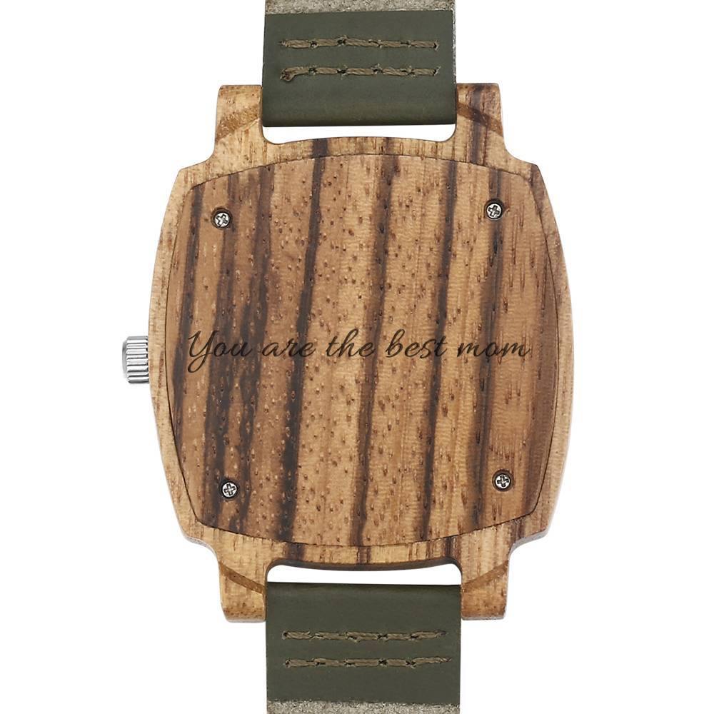Men's Engraved Bamboo Photo Watch Dark Green Leather Strap 45mm