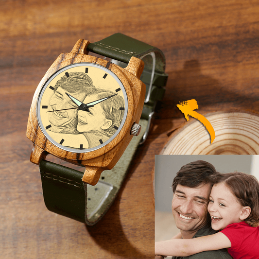 Men's Engraved Bamboo Photo Watch Dark Green Leather Strap 45mm