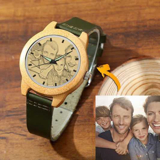 Men's Bamboo Photo Watch Dark Green Leather Strap 45mm