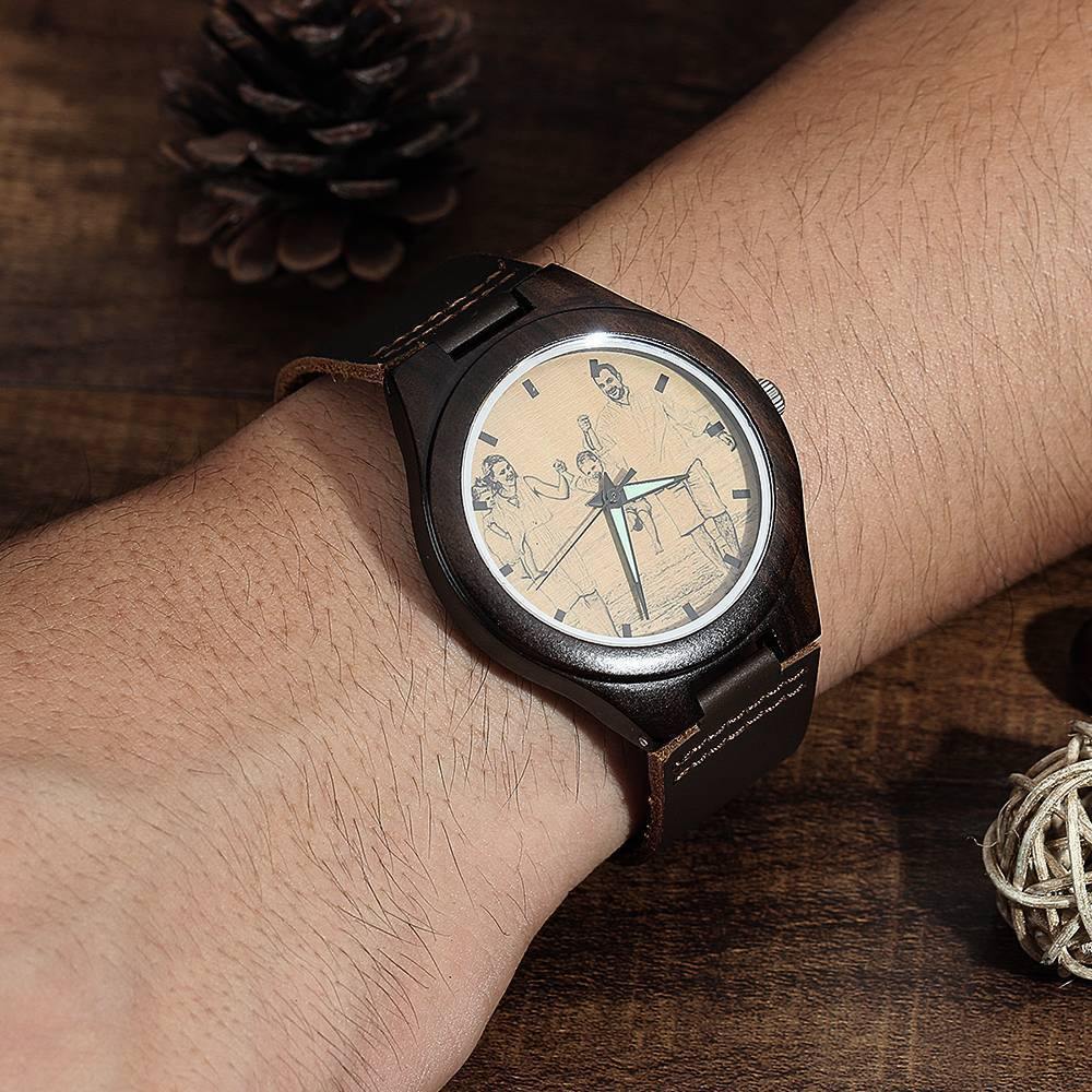 Men's Engraved Wooden Photo Watch Brown Leather Strap 45mm