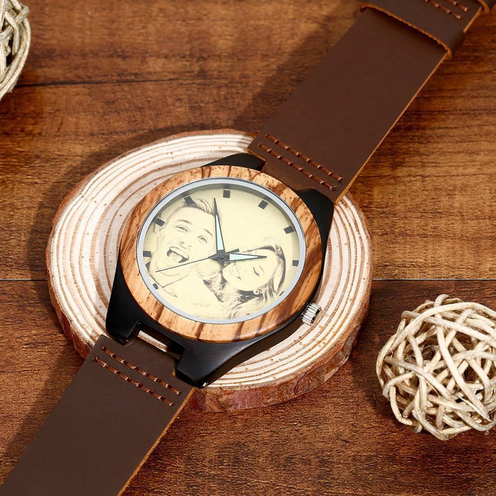 Men's Engraved Wooden Photo Watch Brown Leather Strap 45mm