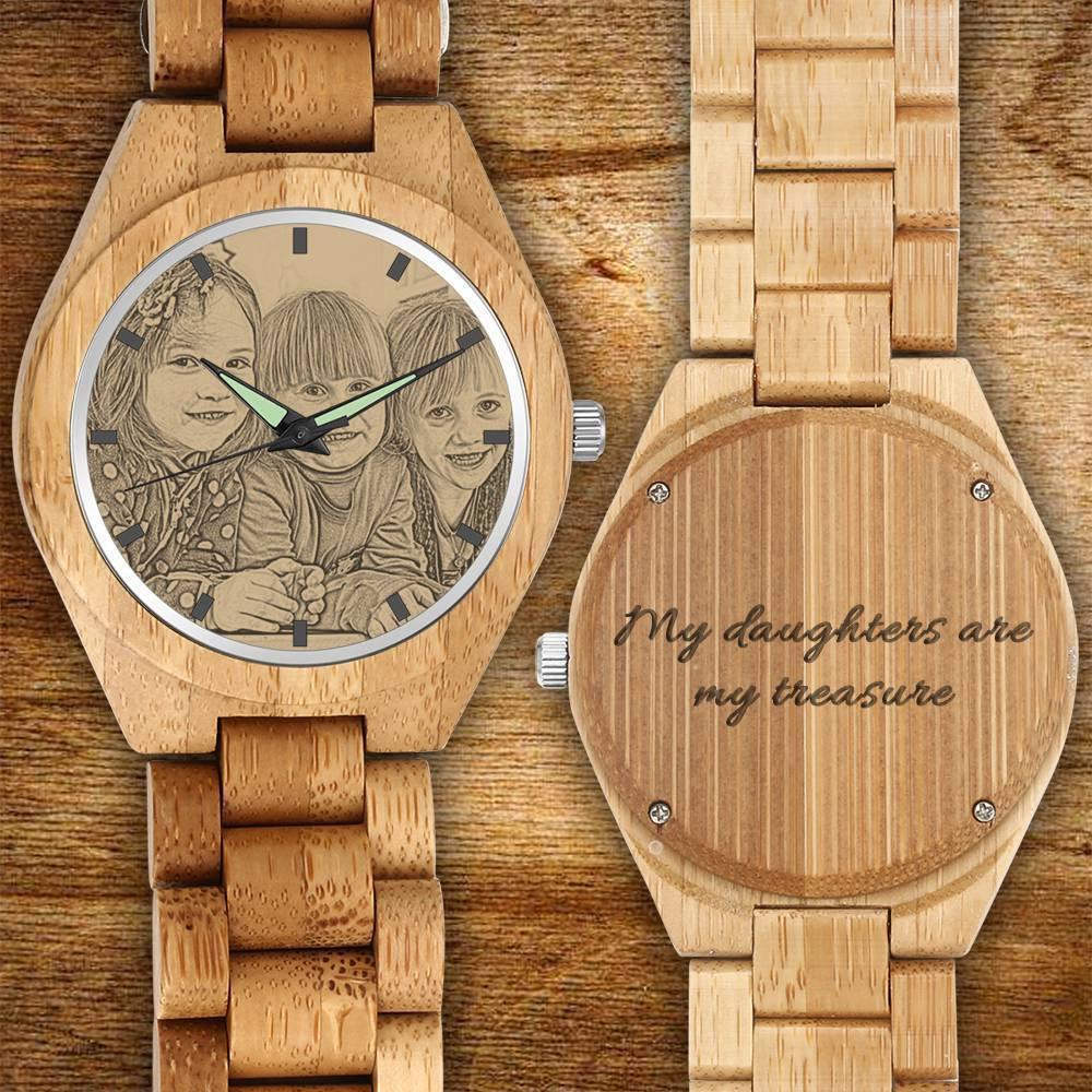 Men's Engraved Bamboo Photo Watch Wooden Strap 45mm