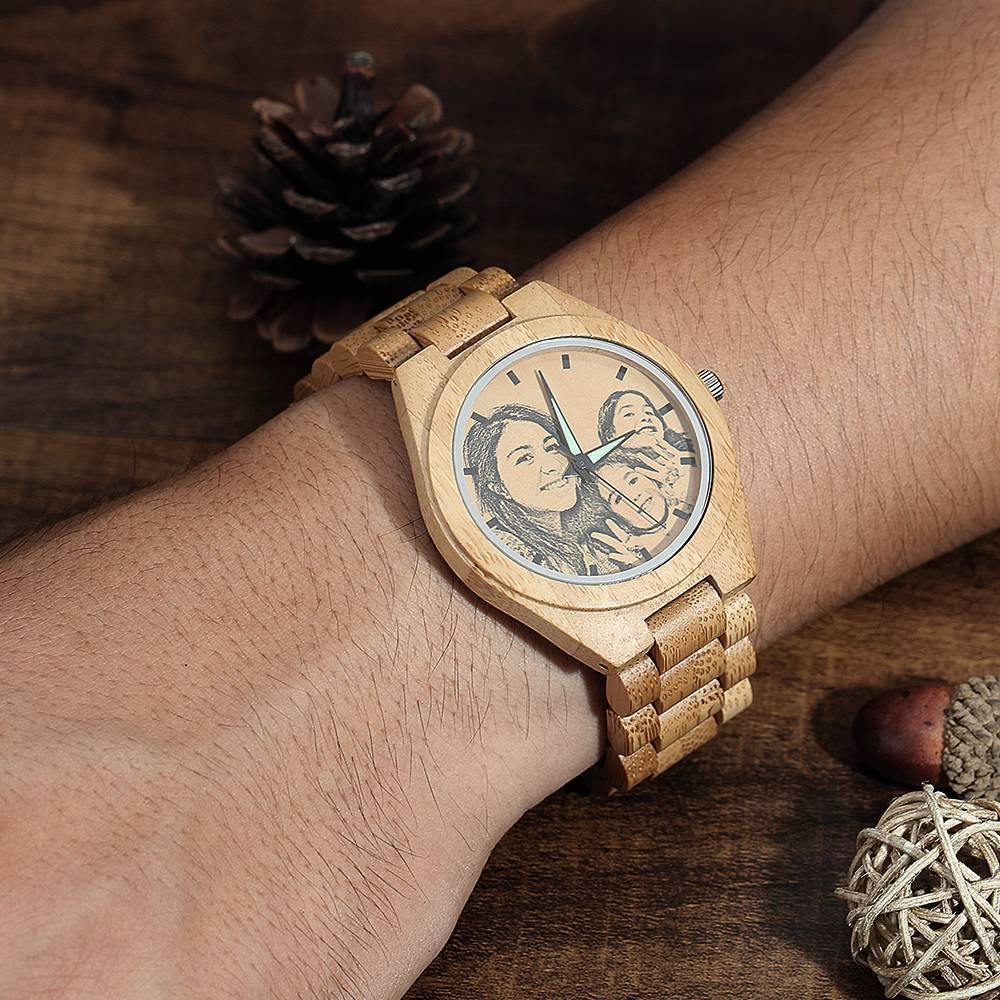 Men's Engraved Bamboo Photo Watch Wooden Strap 45mm