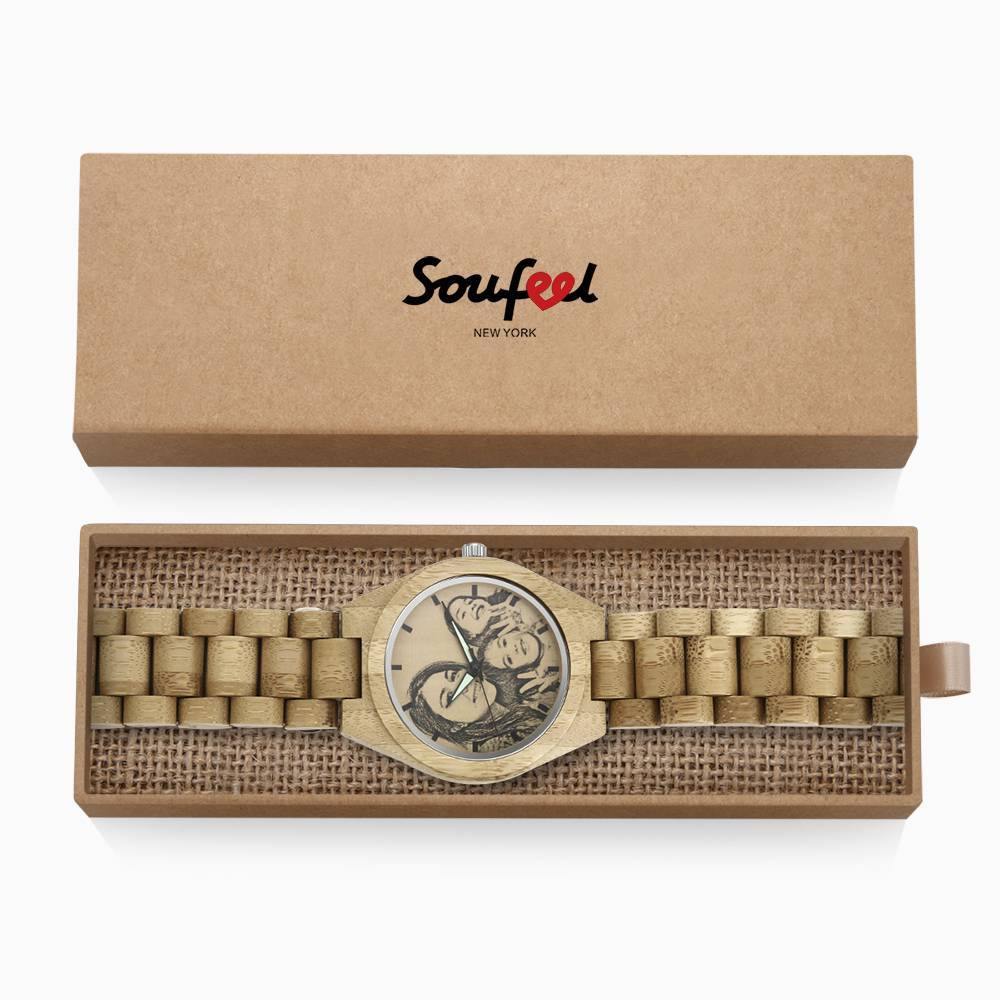 Men's Engraved Bamboo Photo Watch Wooden Strap 45mm