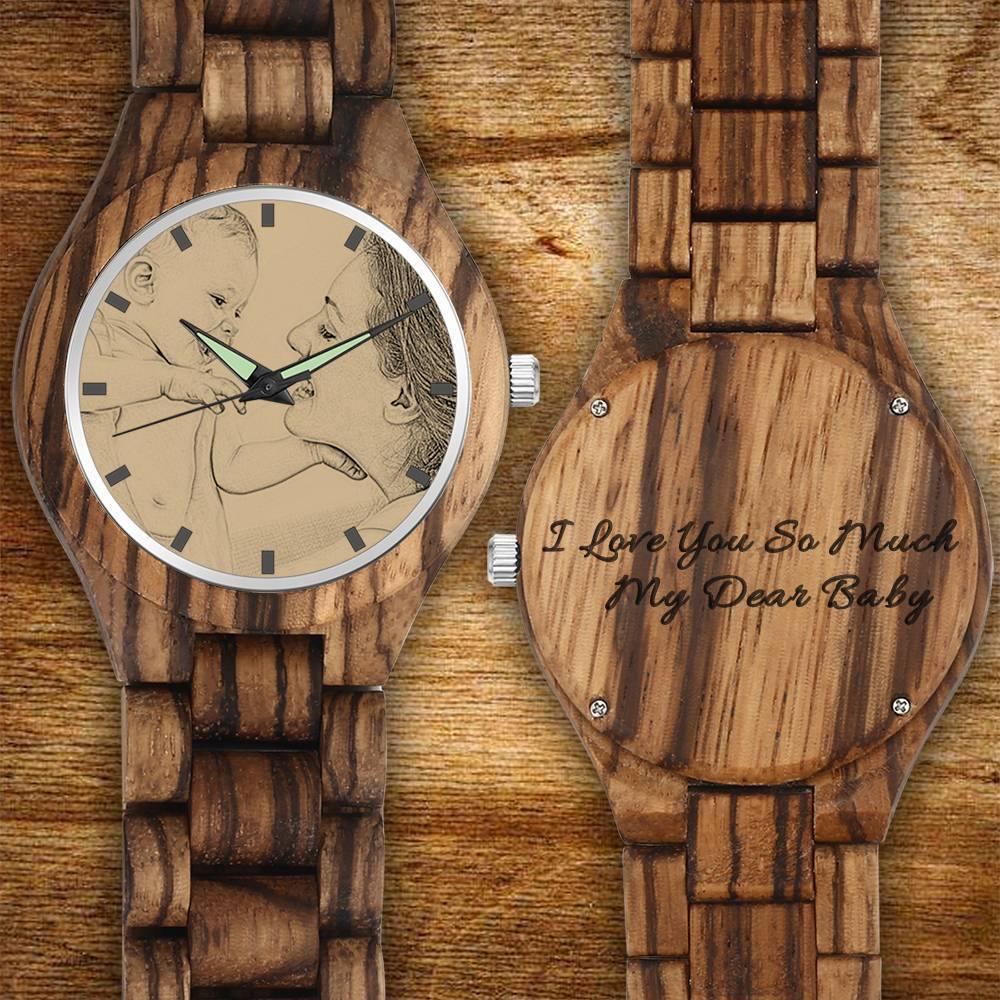 Men's Engraved Wooden Photo Watch Wooden Strap 45mm