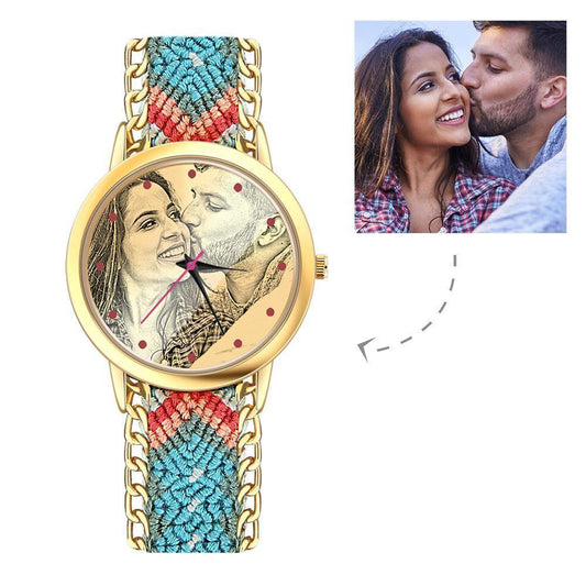 Women's Gold Photo Engraved Watch Braided Color Rope Strap 40mm