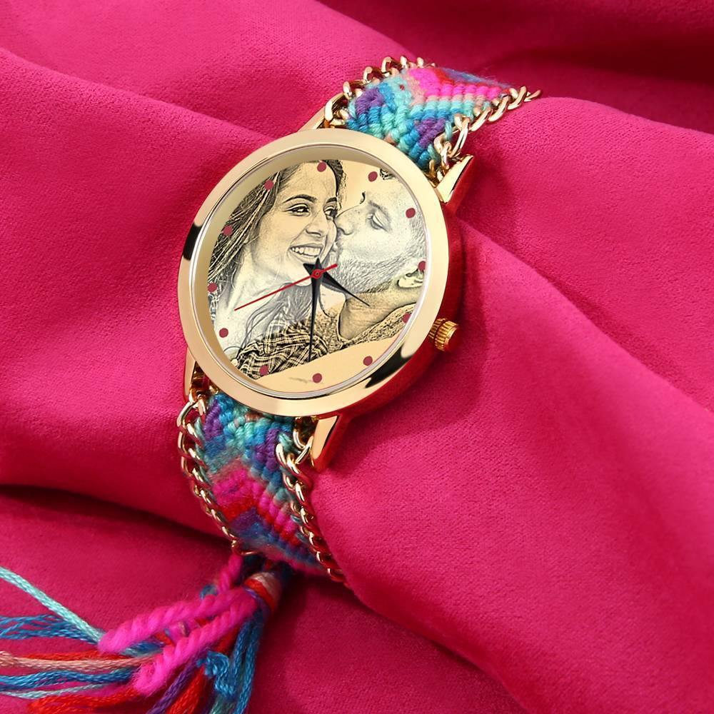 Women's Gold Photo Engraved Watch Braided Color Rope Strap 40mm