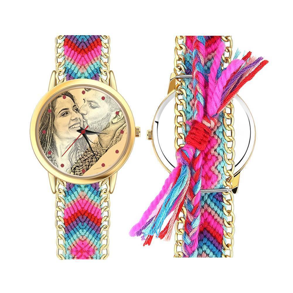 Women's Gold Photo Engraved Watch Braided Color Rope Strap 40mm