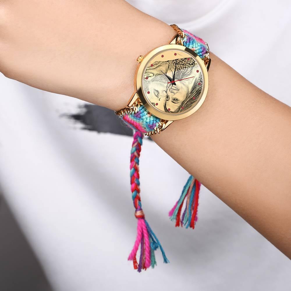 Women's Gold Photo Engraved Watch Braided Color Rope Strap 40mm