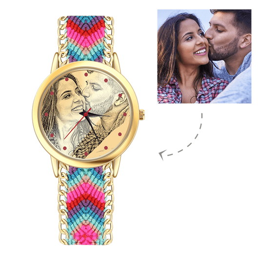 Women's Gold Photo Engraved Watch Braided Color Rope Strap 40mm