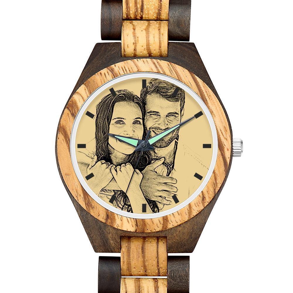 Engraved Wooden Photo Watch Wooden Strap 38mm Sketch Effect - Women's