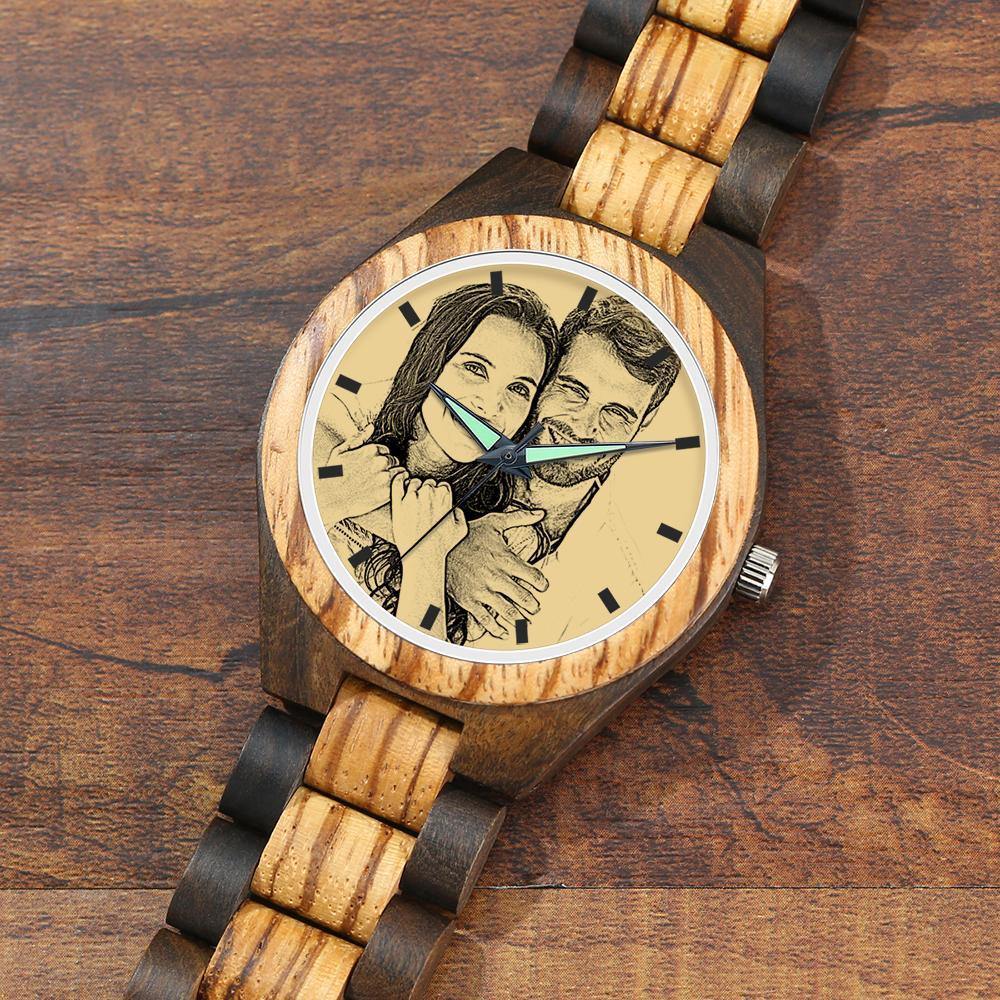 Engraved Wooden Photo Watch Wooden Strap 38mm Sketch Effect - Women's
