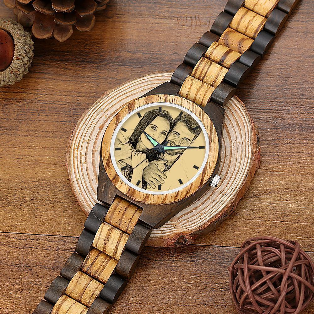 Engraved Wooden Photo Watch Wooden Strap 38mm Sketch Effect - Women's