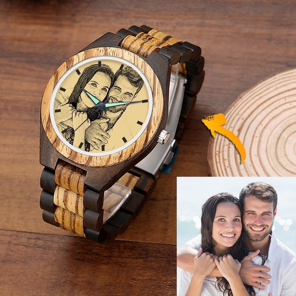 Engraved Wooden Photo Watch Wooden Strap 38mm Sketch Effect - Women's