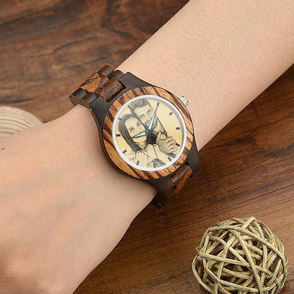 Engraved Wooden Photo Watch Wooden Strap 38mm Sketch Effect - Women's