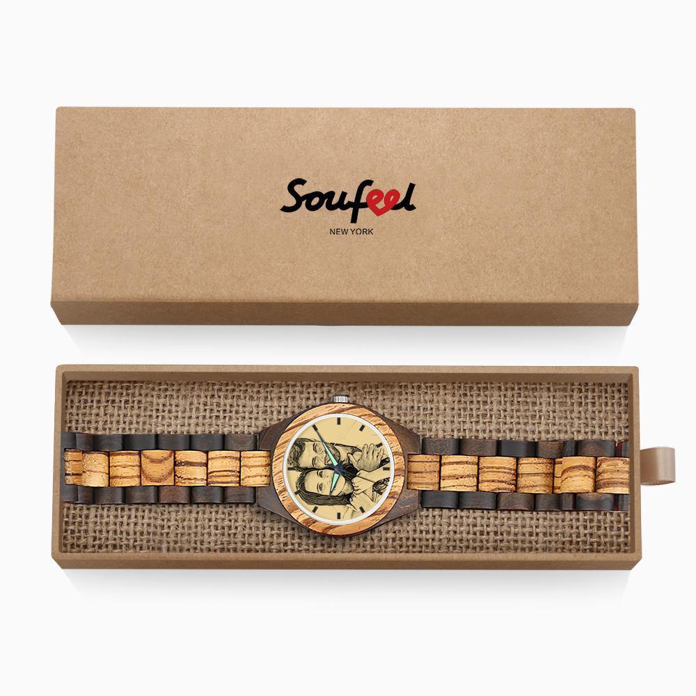 Engraved Wooden Photo Watch Wooden Strap 38mm Sketch Effect - Women's